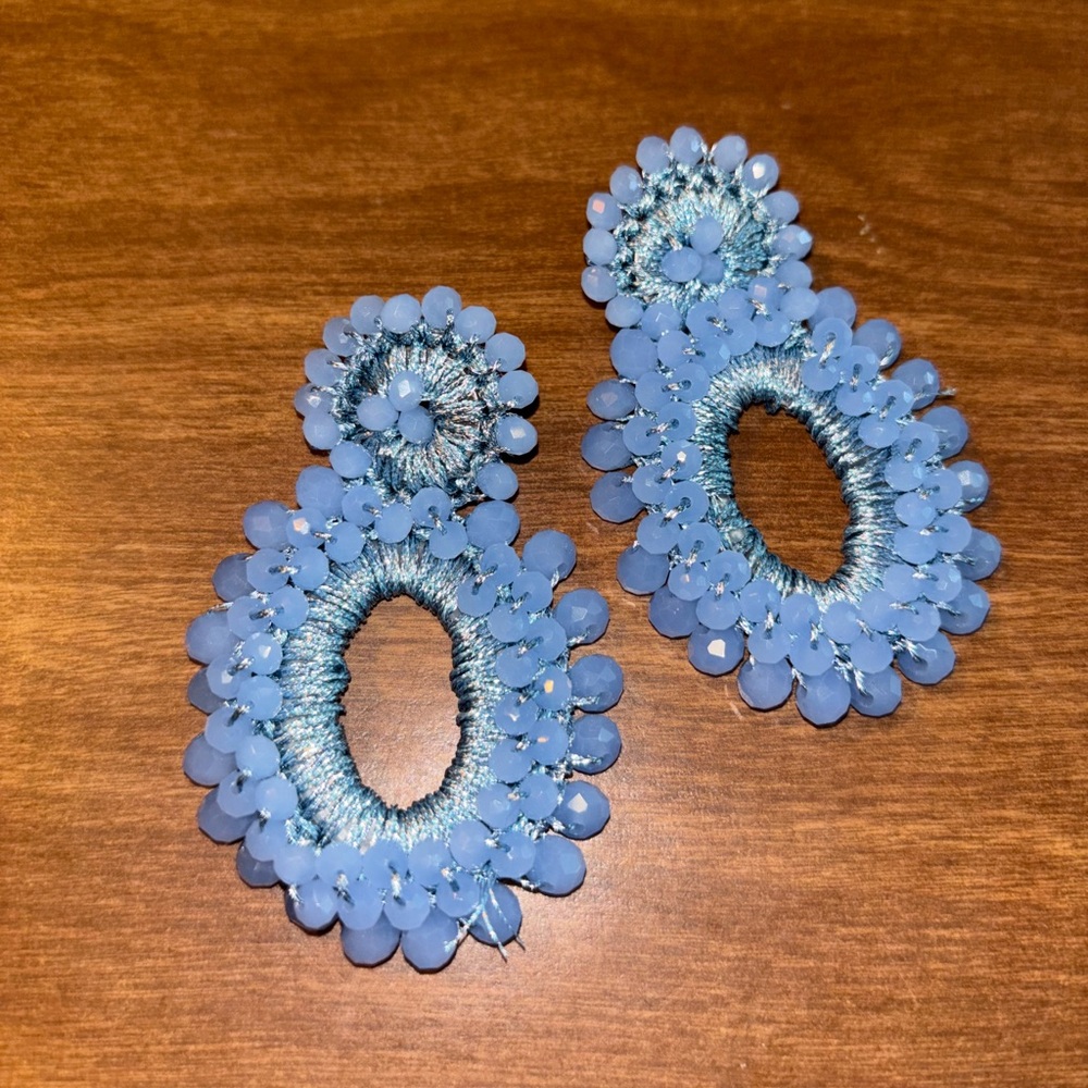Cute Blue Beaded Oval Earrings